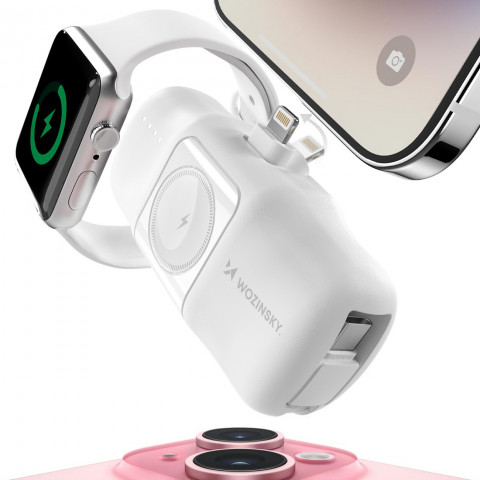 
Mini išorinė baterija 5000mAh 15W su „iPhone Lightning“ ir „Apple Watch“ įkrovikliu – balta
