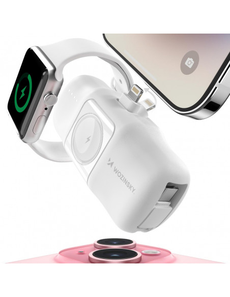 
Mini išorinė baterija 5000mAh 15W su „iPhone Lightning“ ir „Apple Watch“ įkrovikliu – balta
