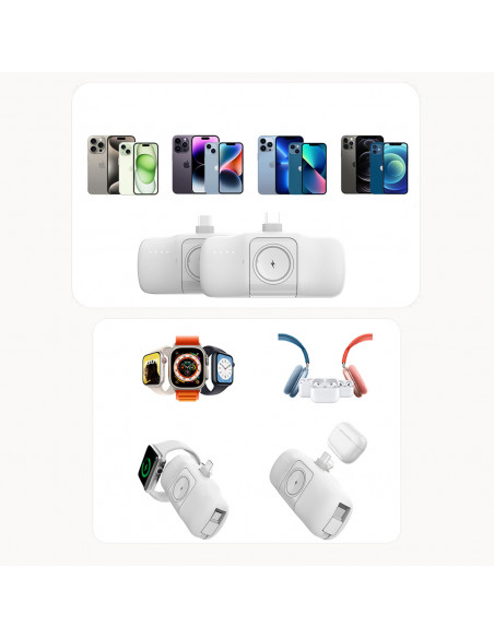 
Mini išorinė baterija 5000mAh 15W su „iPhone Lightning“ ir „Apple Watch“ įkrovikliu – balta
