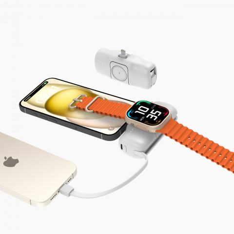 
Mini išorinė baterija 5000mAh 15W su „iPhone Lightning“ ir „Apple Watch“ įkrovikliu – balta
