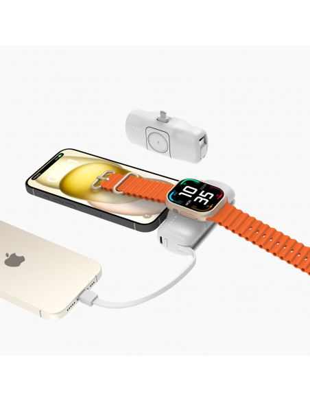 
Mini išorinė baterija 5000mAh 15W su „iPhone Lightning“ ir „Apple Watch“ įkrovikliu – balta

