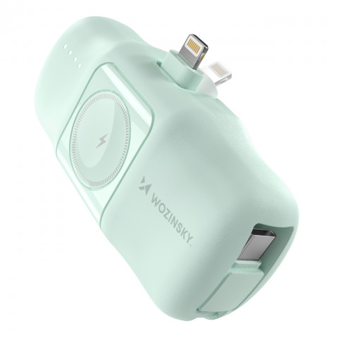 
Mini išorinė baterija 5000mAh 15W su „iPhone Lightning“ ir „Apple Watch“ įkrovikliu – žalia
