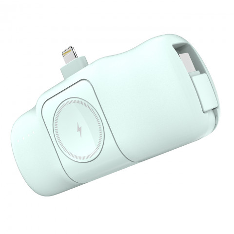 
Mini išorinė baterija 5000mAh 15W su „iPhone Lightning“ ir „Apple Watch“ įkrovikliu – žalia
