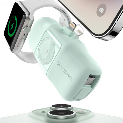 
Mini išorinė baterija 5000mAh 15W su „iPhone Lightning“ ir „Apple Watch“ įkrovikliu – žalia
