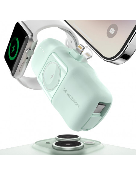 
Mini išorinė baterija 5000mAh 15W su „iPhone Lightning“ ir „Apple Watch“ įkrovikliu – žalia
