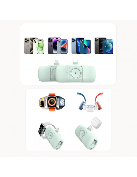 
Mini išorinė baterija 5000mAh 15W su „iPhone Lightning“ ir „Apple Watch“ įkrovikliu – žalia
