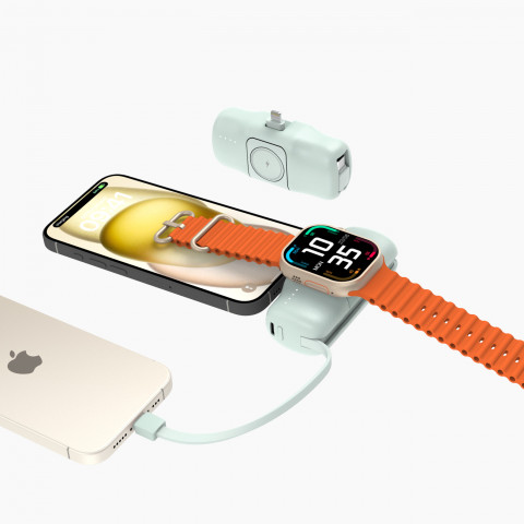 
Mini išorinė baterija 5000mAh 15W su „iPhone Lightning“ ir „Apple Watch“ įkrovikliu – žalia
