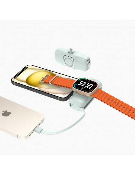 
Mini išorinė baterija 5000mAh 15W su „iPhone Lightning“ ir „Apple Watch“ įkrovikliu – žalia
