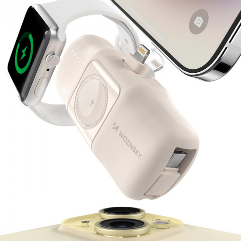 
Mini išorinė baterija 5000mAh 15W su „iPhone Lightning“ ir „Apple Watch“ įkrovikliu – smėlio spalvos
