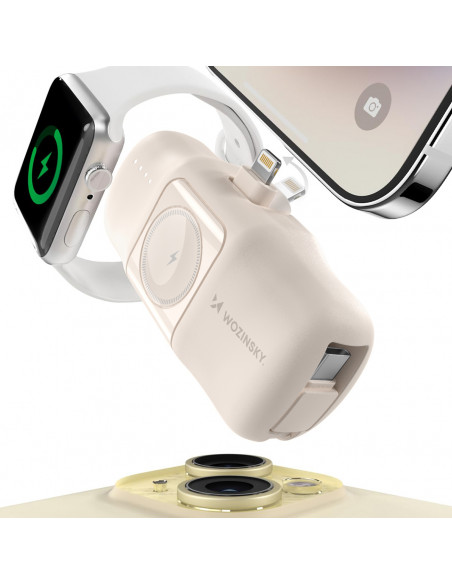 
Mini išorinė baterija 5000mAh 15W su „iPhone Lightning“ ir „Apple Watch“ įkrovikliu – smėlio spalvos
