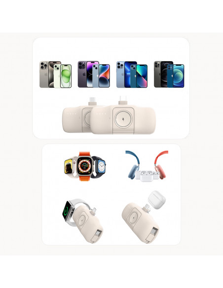 
Mini išorinė baterija 5000mAh 15W su „iPhone Lightning“ ir „Apple Watch“ įkrovikliu – smėlio spalvos
