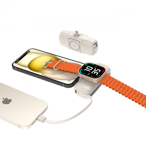 
Mini išorinė baterija 5000mAh 15W su „iPhone Lightning“ ir „Apple Watch“ įkrovikliu – smėlio spalvos
