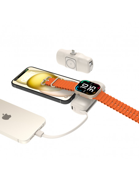 
Mini išorinė baterija 5000mAh 15W su „iPhone Lightning“ ir „Apple Watch“ įkrovikliu – smėlio spalvos
