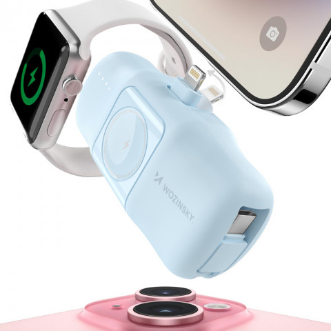 
Mini išorinė baterija 5000mAh 15W su „iPhone Lightning“ ir „Apple Watch“ įkrovikliu – mėlyna
