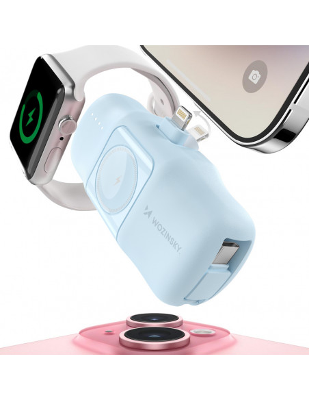 
Mini išorinė baterija 5000mAh 15W su „iPhone Lightning“ ir „Apple Watch“ įkrovikliu – mėlyna
