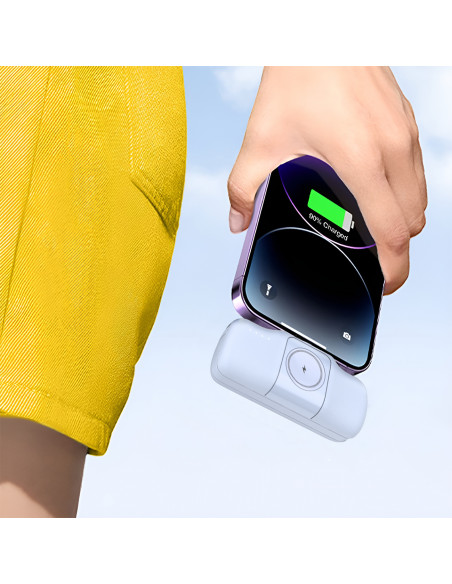 
Mini išorinė baterija 5000mAh 15W su „iPhone Lightning“ ir „Apple Watch“ įkrovikliu – mėlyna
