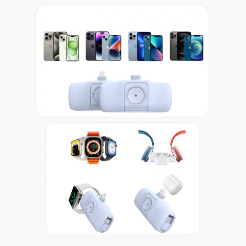 
Mini išorinė baterija 5000mAh 15W su „iPhone Lightning“ ir „Apple Watch“ įkrovikliu – mėlyna
