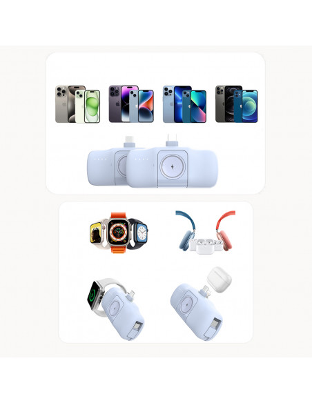 
Mini išorinė baterija 5000mAh 15W su „iPhone Lightning“ ir „Apple Watch“ įkrovikliu – mėlyna
