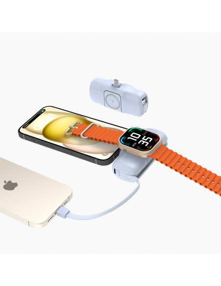 
Mini išorinė baterija 5000mAh 15W su „iPhone Lightning“ ir „Apple Watch“ įkrovikliu – mėlyna
