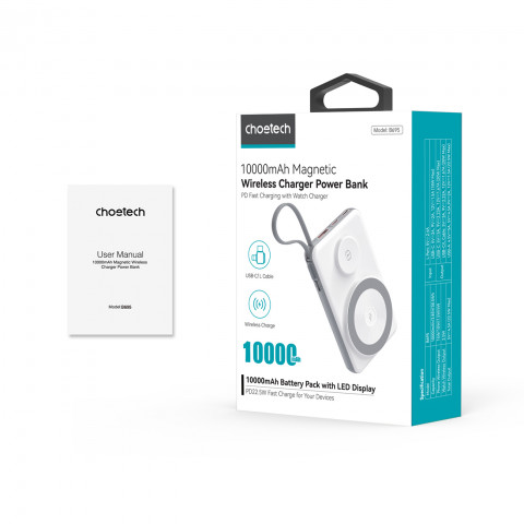 
10000mAh išorinė baterija su LED USB-C ir USB-A adapteriu, „Lightning“, „MagSafe“ ir „Apple Watch“ laikrodžiui, balta
