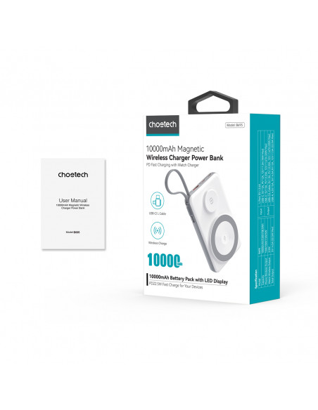 
10000mAh išorinė baterija su LED USB-C ir USB-A adapteriu, „Lightning“, „MagSafe“ ir „Apple Watch“ laikrodžiui, balta
