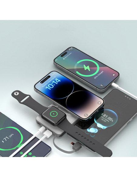 
10000mAh išorinė baterija su LED USB-C ir USB-A adapteriu, „Lightning“, „MagSafe“ ir „Apple Watch“ laikrodžiui, balta
