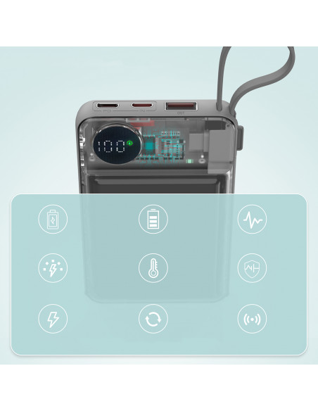 
10000mAh išorinė baterija su LED USB-C ir USB-A adapteriu, „Lightning“, „MagSafe“ ir „Apple Watch“ laikrodžiui, balta
