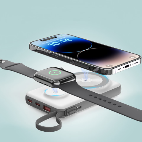
10000mAh išorinė baterija su LED USB-C ir USB-A adapteriu, „Lightning“, „MagSafe“ ir „Apple Watch“ laikrodžiui, balta
