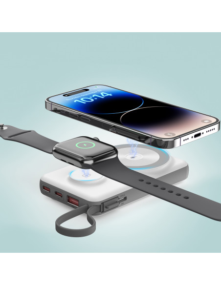 
10000mAh išorinė baterija su LED USB-C ir USB-A adapteriu, „Lightning“, „MagSafe“ ir „Apple Watch“ laikrodžiui, balta
