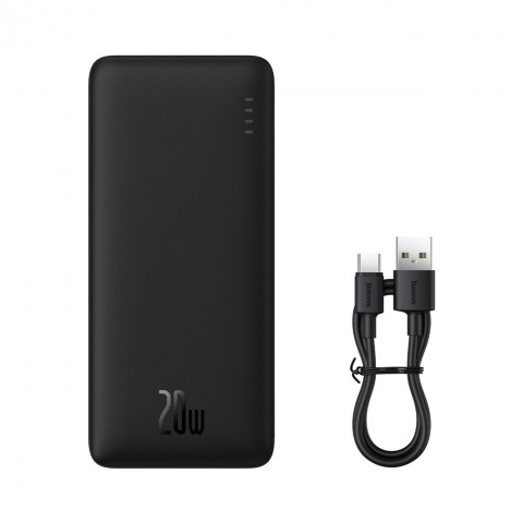 
„Airpow“ 20 W 10000 mAh išorinė baterija su USB-A - USB-C laidu, 30 cm, juoda

