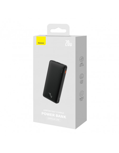 
„Airpow“ 20 W 10000 mAh išorinė baterija su USB-A - USB-C laidu, 30 cm, juoda
