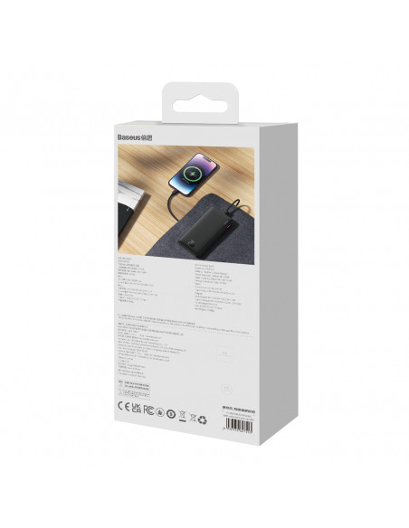 
„Airpow“ 20 W 10000 mAh išorinė baterija su USB-A - USB-C laidu, 30 cm, juoda
