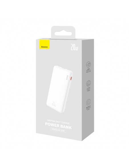 
„Airpow“ 20 W 10000 mAh išorinė baterija su USB-A - USB-C laidu, 30 cm, balta
