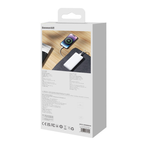 
„Airpow“ 20 W 10000 mAh išorinė baterija su USB-A - USB-C laidu, 30 cm, balta
