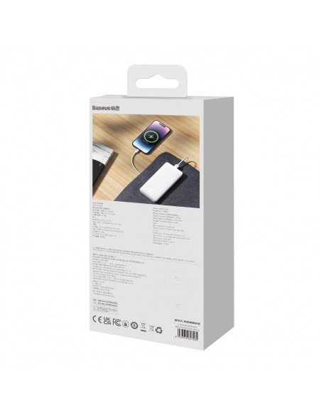 
„Airpow“ 20 W 10000 mAh išorinė baterija su USB-A - USB-C laidu, 30 cm, balta
