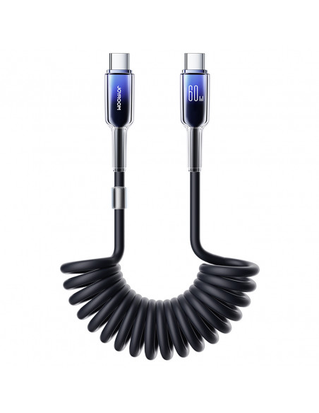 
USB-C spiralinis kabelis - USB-C Crystal-Clear serijos 60W 1,5m - juodas
