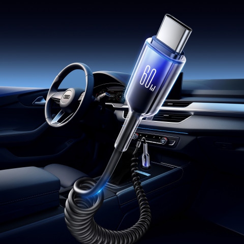 
USB-C spiralinis kabelis - USB-C Crystal-Clear serijos 60W 1,5m - juodas
