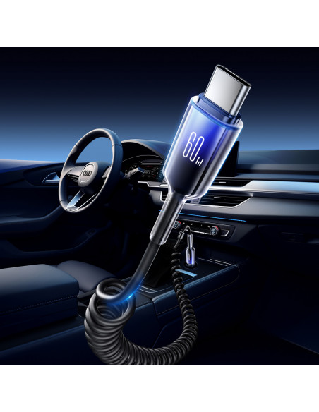 
USB-C spiralinis kabelis - USB-C Crystal-Clear serijos 60W 1,5m - juodas
