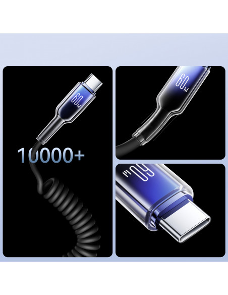 
USB-C spiralinis kabelis - USB-C Crystal-Clear serijos 60W 1,5m - juodas
