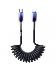 
USB-C spiralinis kabelis – iPhone Lightning Crystal-Clear serijos 30W 1,5m – juodas
