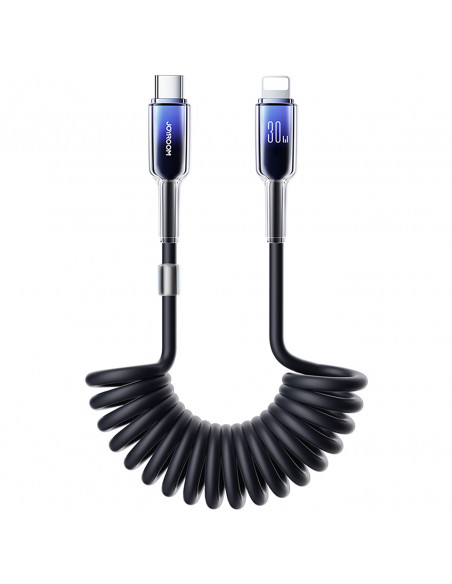 
USB-C spiralinis kabelis – iPhone Lightning Crystal-Clear serijos 30W 1,5m – juodas
