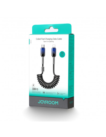 
USB-C spiralinis kabelis – iPhone Lightning Crystal-Clear serijos 30W 1,5m – juodas
