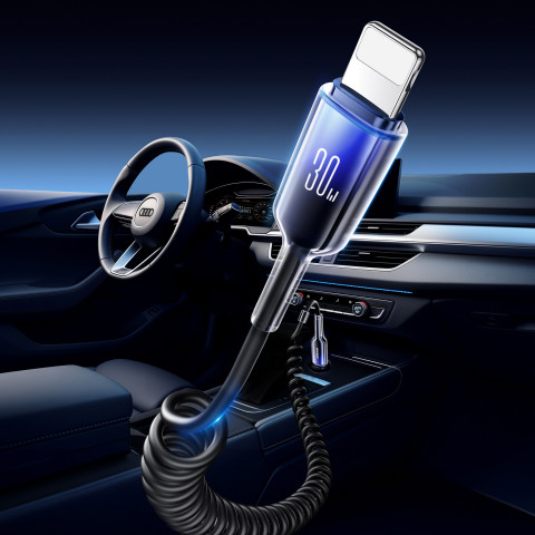 
USB-C spiralinis kabelis – iPhone Lightning Crystal-Clear serijos 30W 1,5m – juodas
