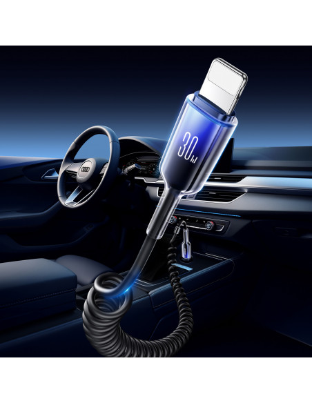 
USB-C spiralinis kabelis – iPhone Lightning Crystal-Clear serijos 30W 1,5m – juodas
