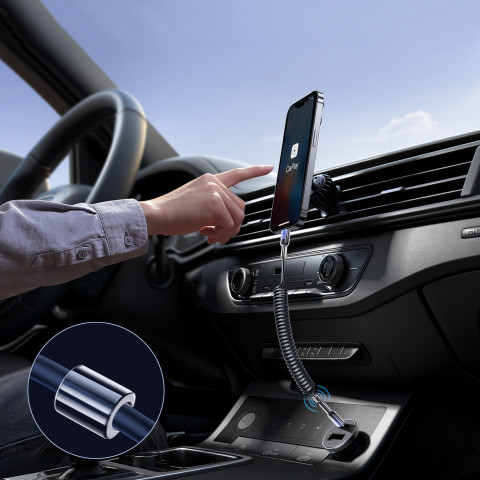 
USB-C spiralinis kabelis – iPhone Lightning Crystal-Clear serijos 30W 1,5m – juodas
