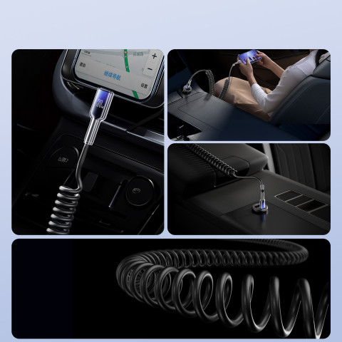 
USB-C spiralinis kabelis – iPhone Lightning Crystal-Clear serijos 30W 1,5m – juodas
