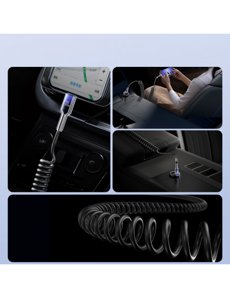 
USB-C spiralinis kabelis – iPhone Lightning Crystal-Clear serijos 30W 1,5m – juodas
