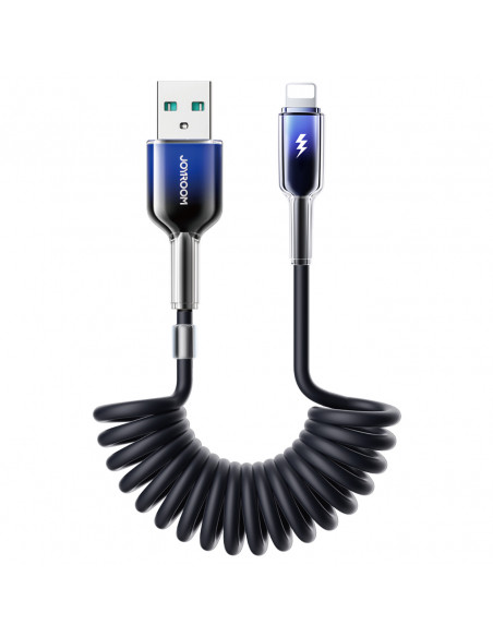 
USB-A spiralinis kabelis – iPhone Lightning Crystal-Clear serijos 3A 1,5 m – juodas
