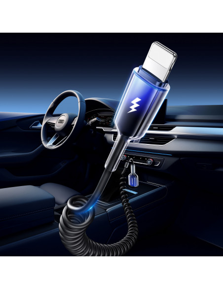 
USB-A spiralinis kabelis – iPhone Lightning Crystal-Clear serijos 3A 1,5 m – juodas
