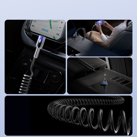 
USB-A spiralinis kabelis – iPhone Lightning Crystal-Clear serijos 3A 1,5 m – juodas
